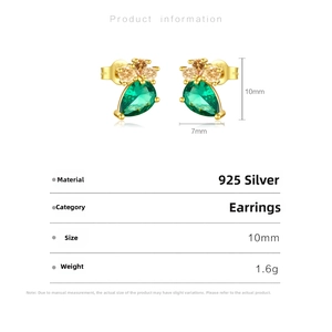 Macro detail of 925 silver stud earrings featuring green drop gemstone and S925 hallmark