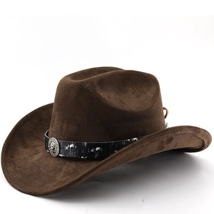 Western Cowboy Hat Suede Polyester Felt Wide Brim Retro Ethnic Style With Lion Head Metal Ornament For Men Women