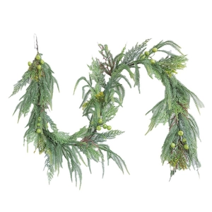 Artificial pine garland with green berries for Christmas fence and staircase decoration