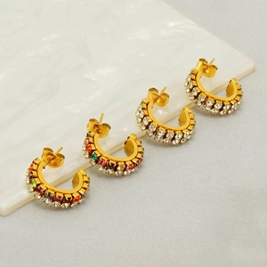 Boucles D'Oreilles Créoles En C Acier Inoxydable Plaqué Or 18K Double Rangée Strass Bijoux Mode Rétro Français Femmes