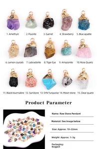 Macro detail of various natural raw stone pendants with gold-plated caps and sizing chart