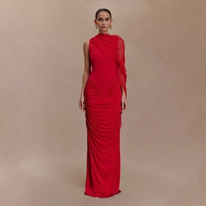 Women Sexy One Shoulder Mesh Cloak Ruched Evening Gown Elegant Floor Length Milk Silk Party Dress For Banquet Wedding Guest