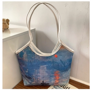 Detail of Monet Impression Sunrise oil painting print on a large canvas tote bag