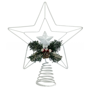 Macro detail of Christmas star tree topper with white wire frame, pine cones and red berries