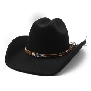 Schwarzer Western-Cowboyhut aus Wollfilz mit breiter Krempe und Hamsa-Hand-Dekoration