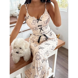 Women Pajamas Ribbed Knit Camisole Top And Long Pants Cute Cartoon Bear Print Bow Decor Sweet Lounge Wear