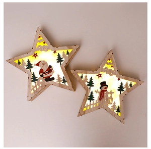 Detail of wooden Christmas star LED light with warm glow featuring Santa and snowman patterns