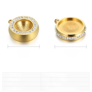 Macro detail of gold stainless steel pendants with crystal rhinestones in 17mm and 18mm