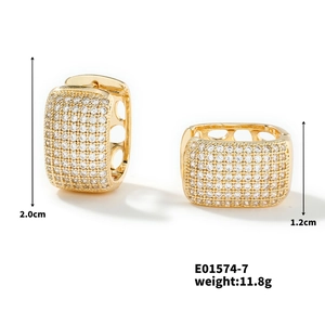 Detail view of gold quadrilateral hoop earrings with cubic zirconia and dimensions