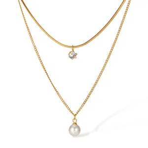 Double Layer Necklace Gold Plated Stainless Steel With Zircon And White Imitation Artificial Pearl Pendant Elegant Jewelry For Women