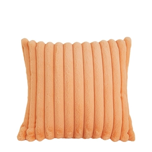 Orange plush lumbar pillow with vertical stripes texture on a clean white background