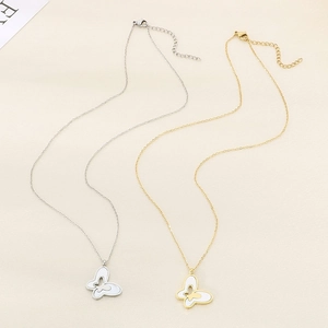 Elegant stainless steel butterfly pendant necklace with white shell inlay in gold and silver