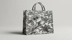 Close-up of Toile de Jouy tote bag with black tiger and tropical palm leaf patterns