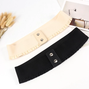 Chic black and beige ruffled elastic waist belts with double circle metal buckles