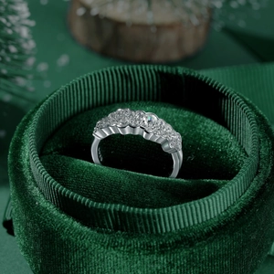 Macro shot of S925 sterling silver eternity ring with white zircons in green velvet box