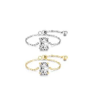Adjustable S925 sterling silver chain ring with oval sparkling cubic zirconia stone