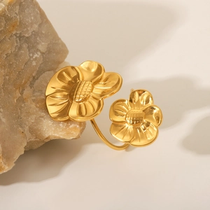 French vintage style open ring with double flower design in golden titanium steel
