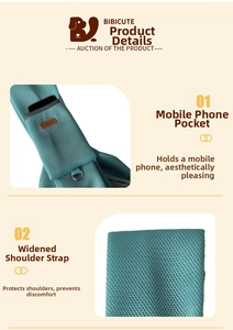 Detail of pet sling bag showing phone pocket on strap and widened breathable mesh fabric
