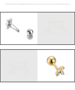 Detail of S925 sterling silver clover screw-back earrings with zircon in gold and silver