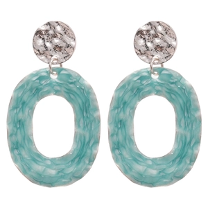 Silver hammered metal stud earrings with large teal rippled resin oval pendants