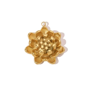 Macro shot of 14K gold-plated lotus flower pendant featuring layered petal metal details