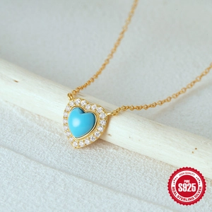 925 sterling silver heart necklace with turquoise stone and zircon halo on gold chain
