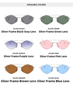 Detailansicht randloser Polygon-Sonnenbrille mit Ozeangläsern und silbernem Metallrahmen