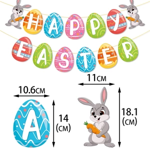 Colorful Happy Easter banner with cartoon bunnies and egg-shaped cards for party decor