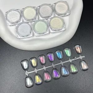 7-color ice aurora nail chrome powder set with pearlescent shimmer effect and swatches