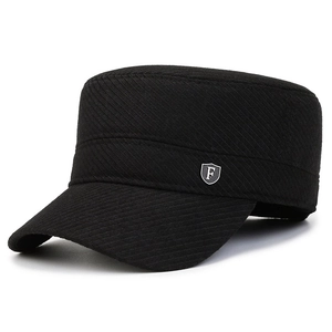 Black winter army cap for men with fleece lining and metal badge on side