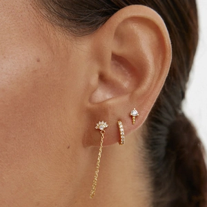 Close-up of three-piece gold earring set with tassel chain and zircon studs on ear