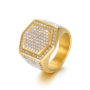 Luxurious gold-plated stainless steel hexagonal ring with sparkling paved rhinestones
