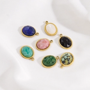 Set of 7 oval natural stone pendants with 14K gold plated stainless steel frames