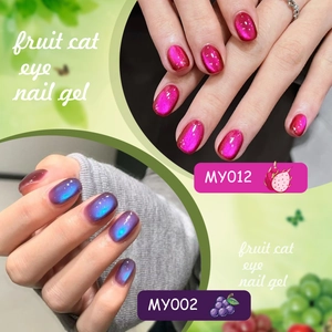 Fruit cat eye nail gel in vibrant dragon fruit pink and grape purple shades