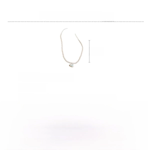 Detail showing copper imitation pearl necklace with blue heart pendant and dimensions