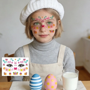 Child wearing Easter temporary tattoos with rabbit, egg and heart designs for party decoration