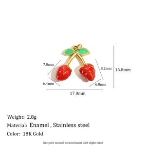 Detailed size chart showing cherry pendant dimensions and 18K gold stainless steel materials