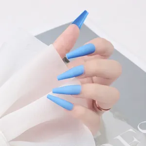 Faux ongles ballerine bleu mat extra longs avec une finition givrée minimaliste