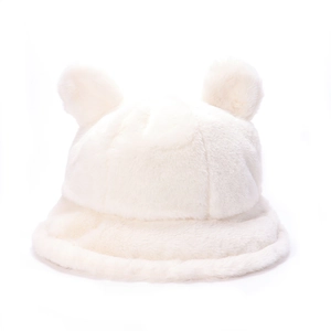 Close-up of white plush bucket hat with cute bear ears made of soft faux fur