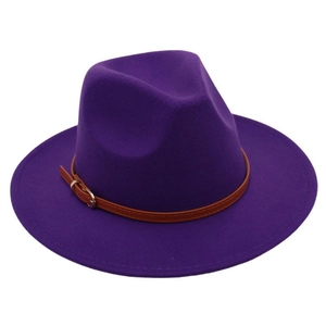 Detail view of deep purple wool felt fedora featuring a slim brown belt with metal buckle