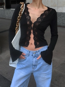 Women's 2025 summer black lace trim cardigan top paired with light blue denim jeans