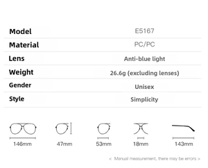 Detailed size chart for retro cat eye blue light blocking glasses with frame dimensions
