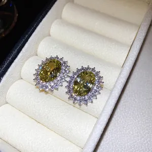 French vintage oval yellow zircon stud earrings with double row crystal halo