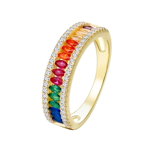 Rainbow marquise gemstone half-band ring with white diamond accents on gold plated silver