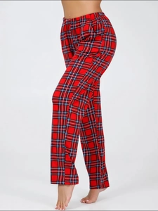 Detailed view of red and blue checkered pajama pants with comfortable elastic waistband