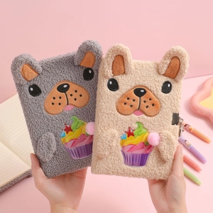 Detail of plush dog-themed A5 notebooks with metal locks and cute embroidery