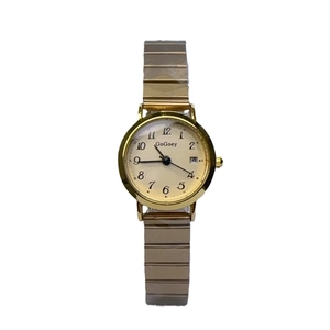 Golden quartz watch with ivory dial, elastic metal strap, and calendar window display