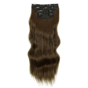 Extensions de cheveux synthétiques ondulées marron foncé avec 7 clips de fixation