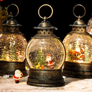 Christmas Snow Globe Lantern Retro Bronze LED Lighted Swirling Glitter Santa Snowman Scenes Holiday Decor Gift