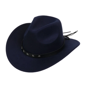 Detail of dark blue felt cowboy hat featuring black leather band and silver star rivets